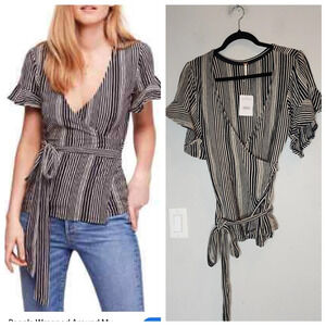 NWT Free People True Wrap Black Beige Stripe Cotton Jersey Ruffle Sleeve top M